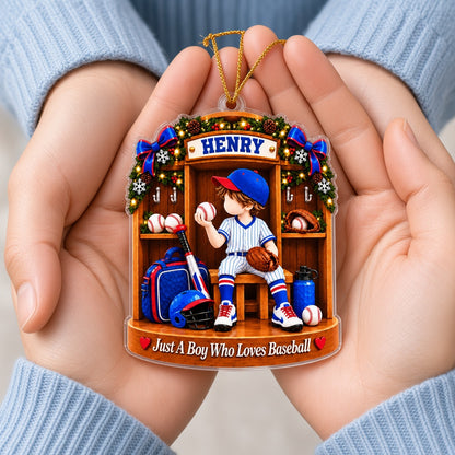 Acrylic ornament showing a boy in a blue pinstriped baseball uniform inside a garland-decorated wooden locker.