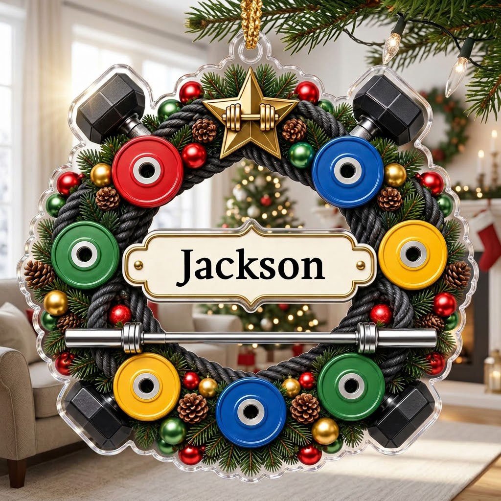 Acrylic ornament shaped around a gym wreath with dumbbells, bumper plates, barbell, and a name banner.