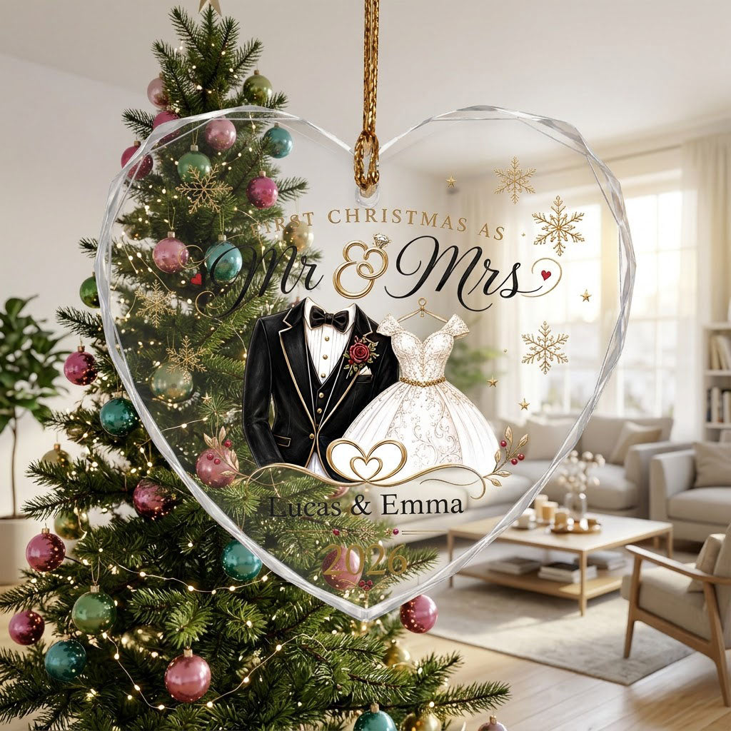 Personalized First Christmas as Mr & Mrs Tuxedo Gown Heart Glass Ornament