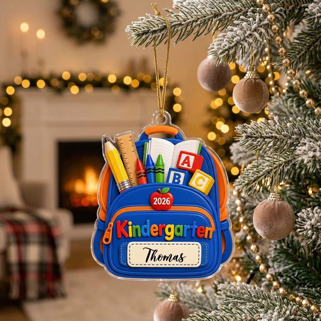 Acrylic ornament cut as a blue and orange school backpack with ABC blocks, 2026, Kindergarten, and a personalized name l