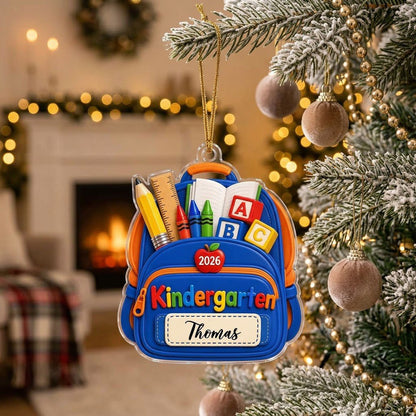 Acrylic ornament cut as a blue and orange school backpack with ABC blocks, 2026, Kindergarten, and a personalized name l