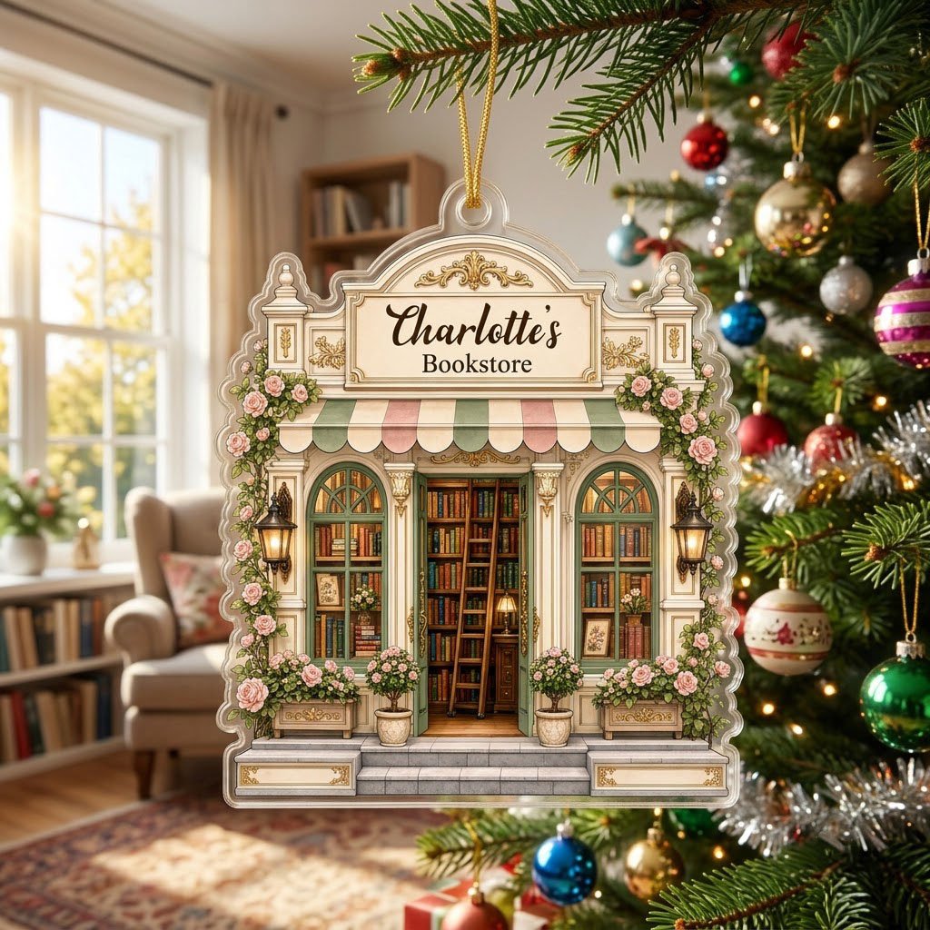 Personalized Bookstore Acrylic Ornament, Custom Book Lover Christmas Keepsake