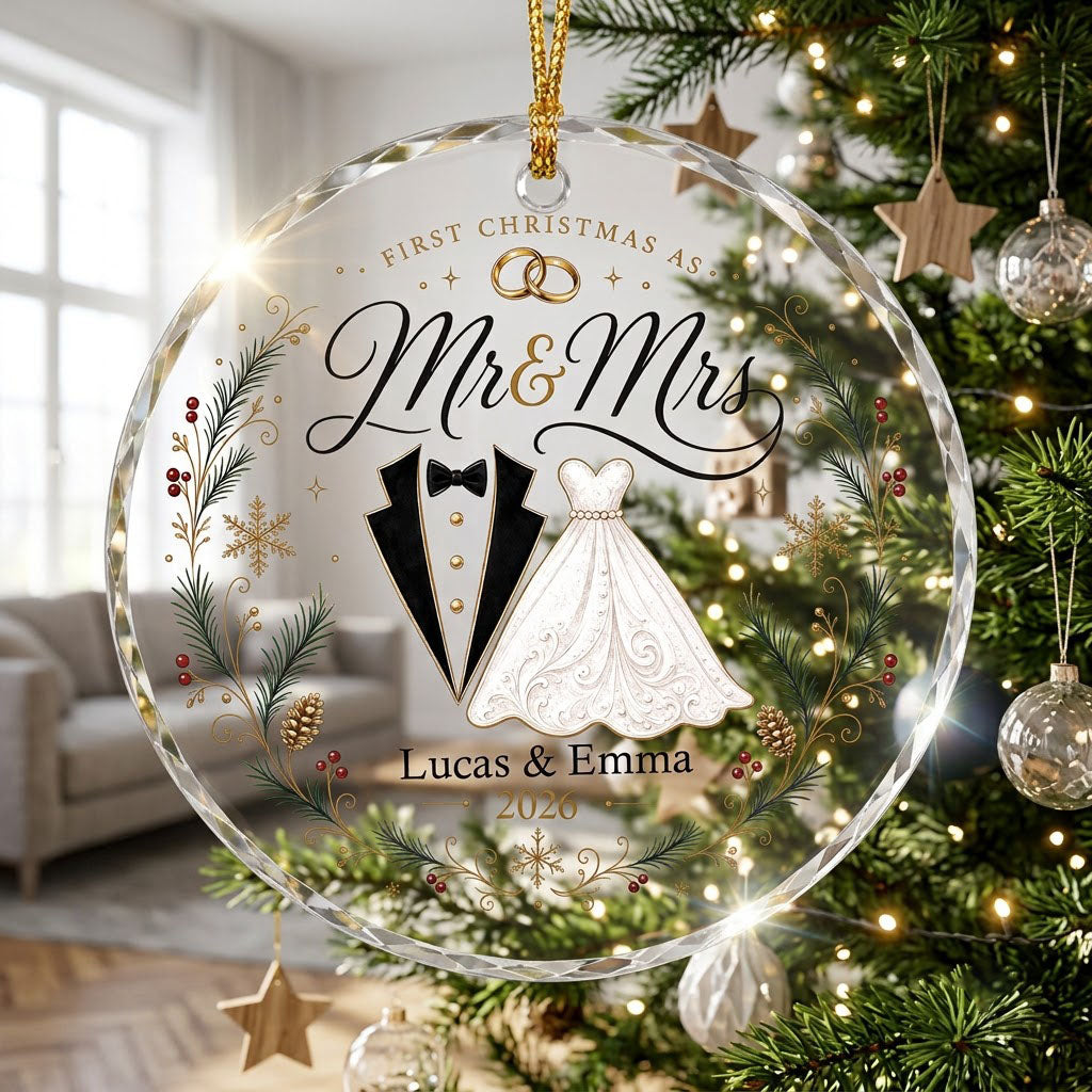 Personalized First Christmas as Mr & Mrs Tuxedo Gown Round Glass Ornament