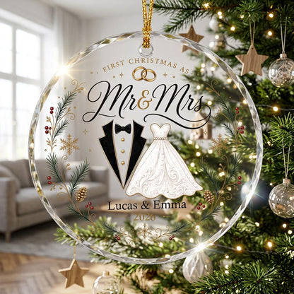 Personalized First Christmas as Mr & Mrs Tuxedo Gown Round Glass Ornament