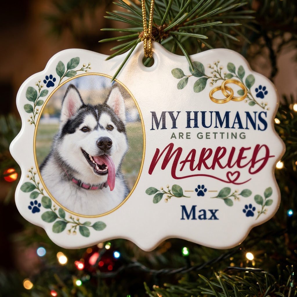 Scalloped medallion ornament with dog photo, eucalyptus, paw prints, and 'MY HUMANS ARE GETTING MARRIED' text.