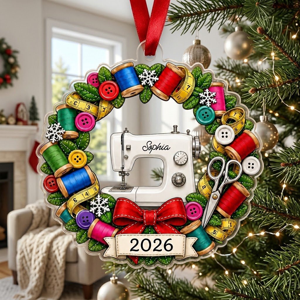 Personalized Sewing Machine Wreath Acrylic Ornament, Custom Quilter Seamstress Keepsake