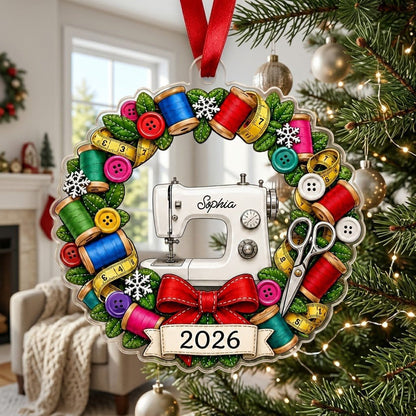 Personalized Sewing Machine Wreath Acrylic Ornament, Custom Quilter Seamstress Keepsake
