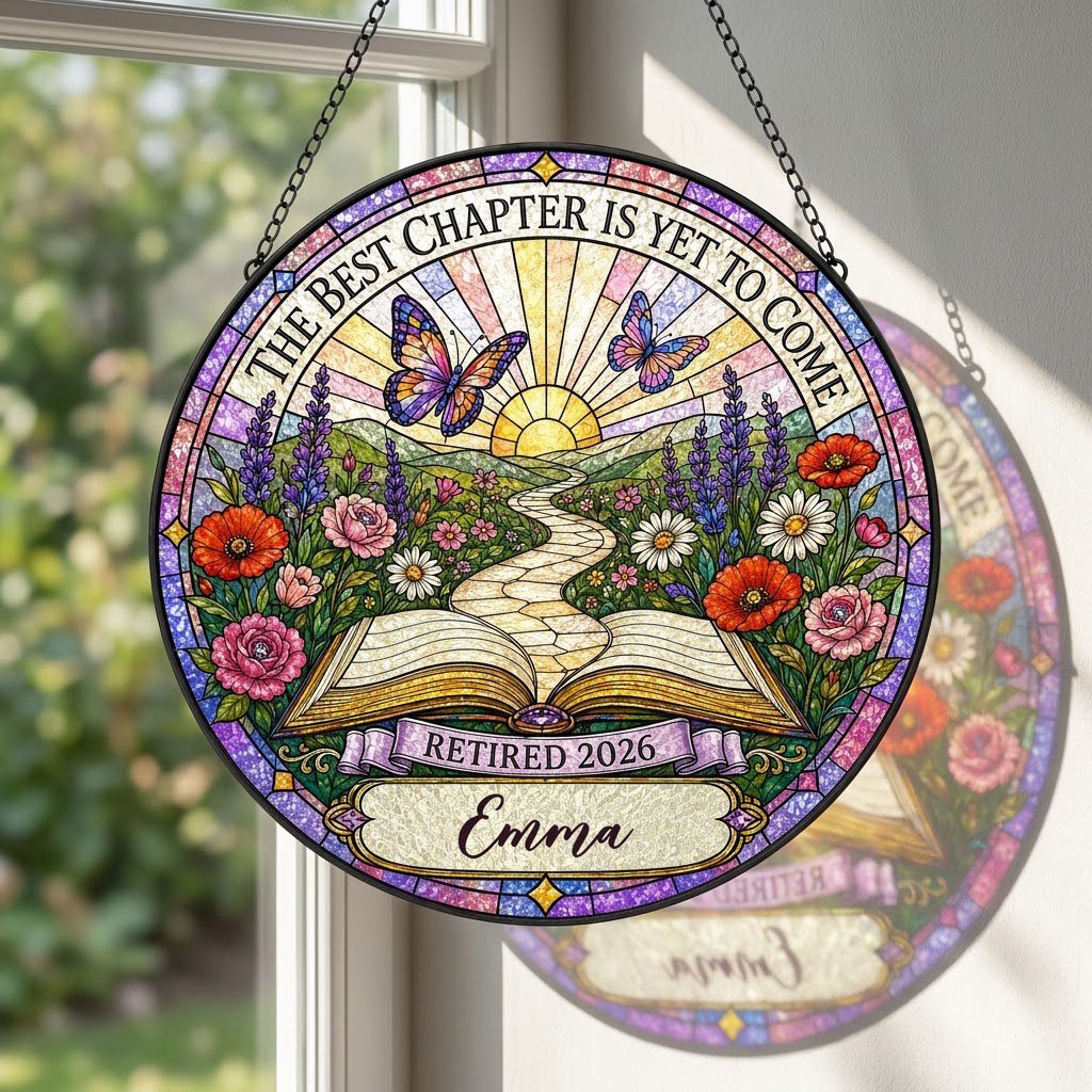 Personalized Retirement Open Book Pathway The Best Chapter Is Yet To Come Stained Glass Round Suncatcher