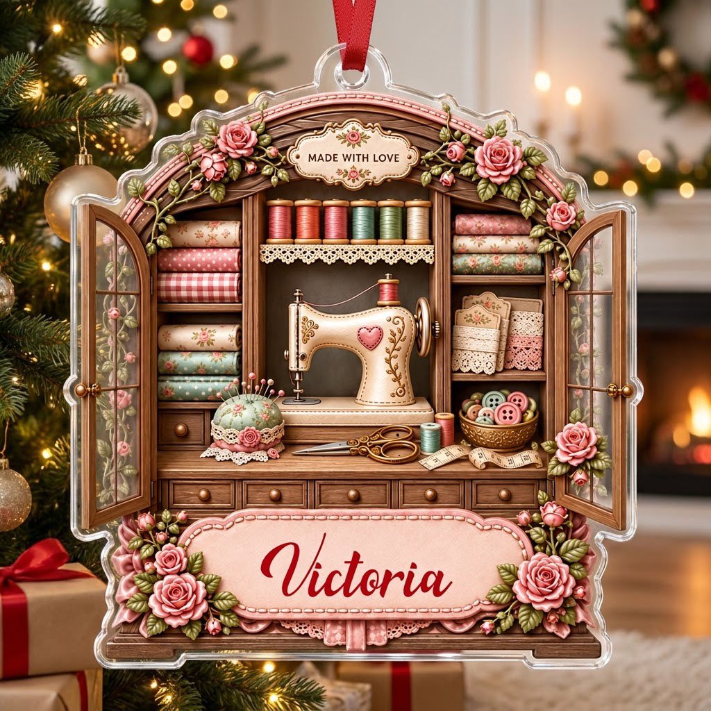 Acrylic ornament shaped like a sewing cabinet with roses, sewing machine, scissors and a pink name banner.