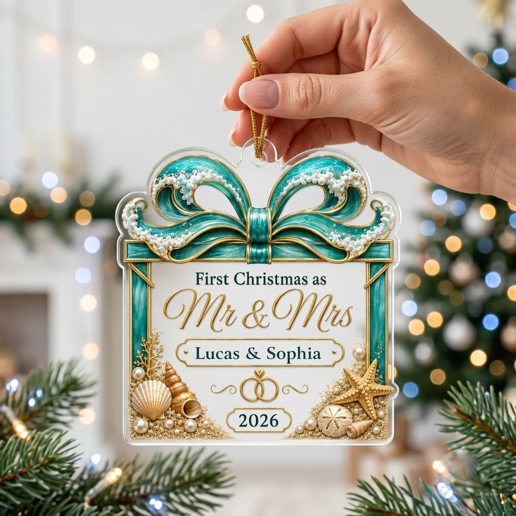 Personalized Beach Ocean Wave Gift Box First Christmas as Mr & Mrs Acrylic Ornament, Custom Destination Wedding Keepsake