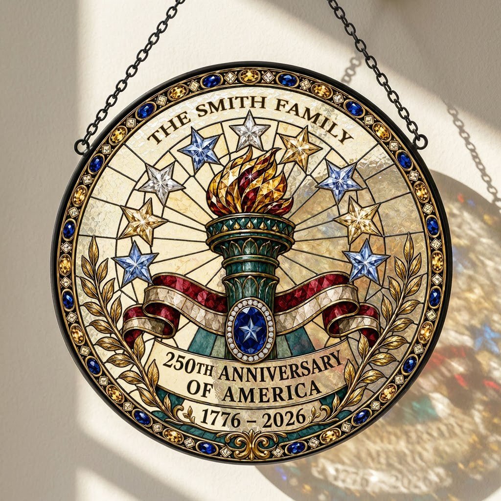 Round stained-glass suncatcher with Statue of Liberty torch, stars, ribbon, laurel, and 250th Anniversary text.