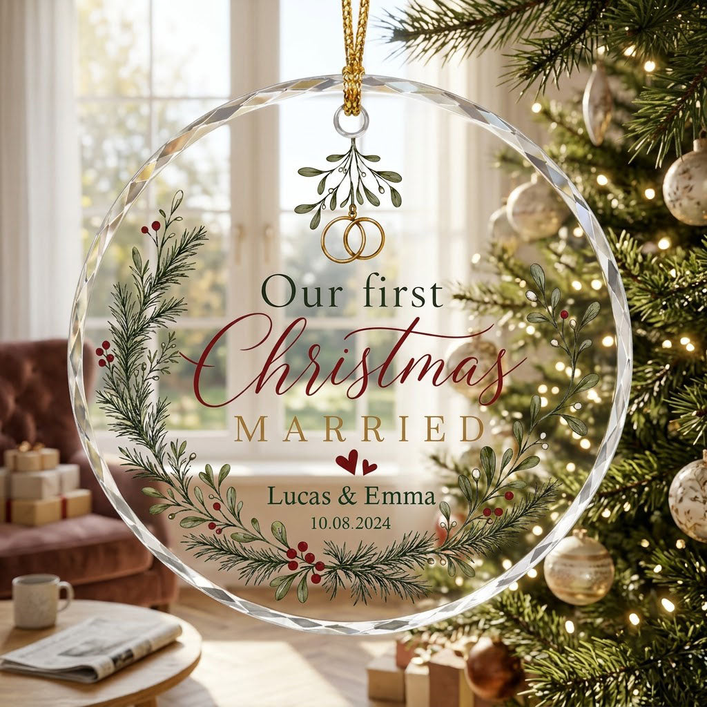 Personalized Our First Christmas Married Mistletoe Wreath Round Glass Ornament