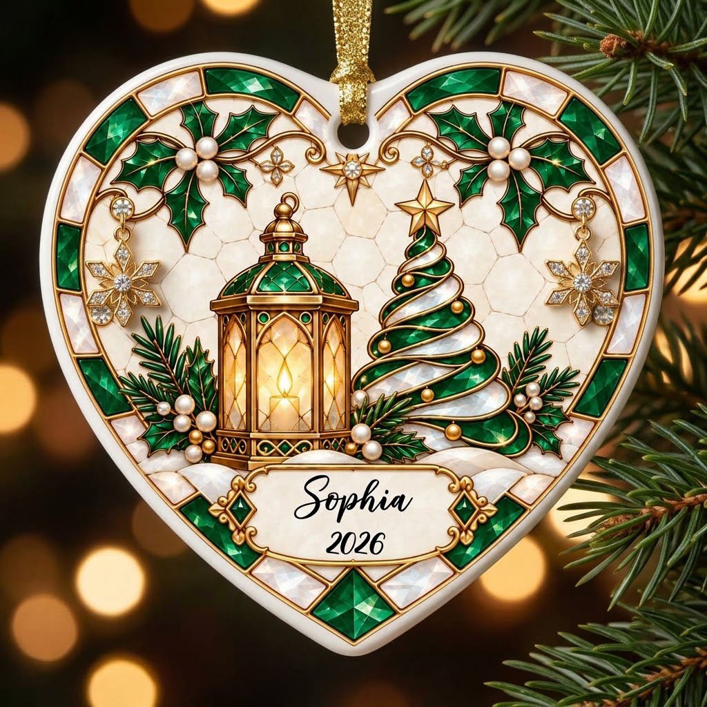Heart ornament with emerald stained-glass border, gold lantern, spiral tree, holly, and a name-and-year scroll plaque.