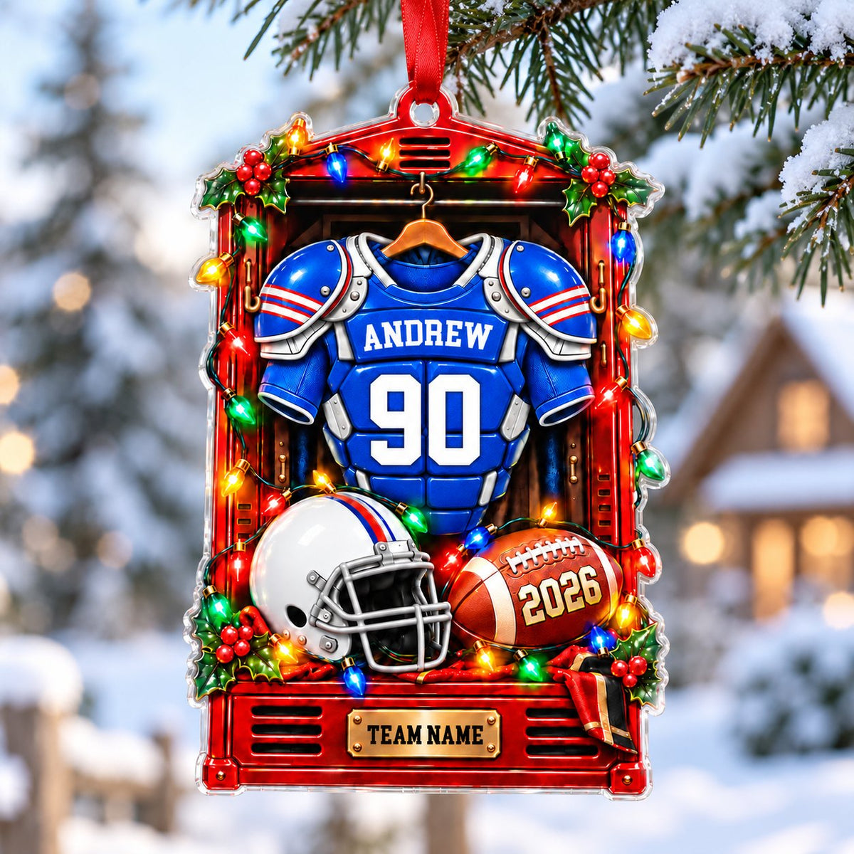 Acrylic ornament shaped like a red football locker with lights, jersey, helmet, football and gold nameplate.