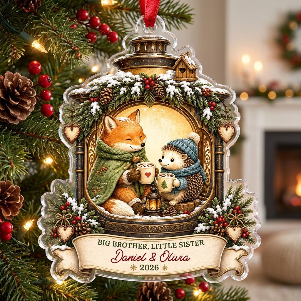 Acrylic ornament with lantern frame, fox and hedgehog with cocoa, 'BIG BROTHER, LITTLE SISTER', and names with year.
