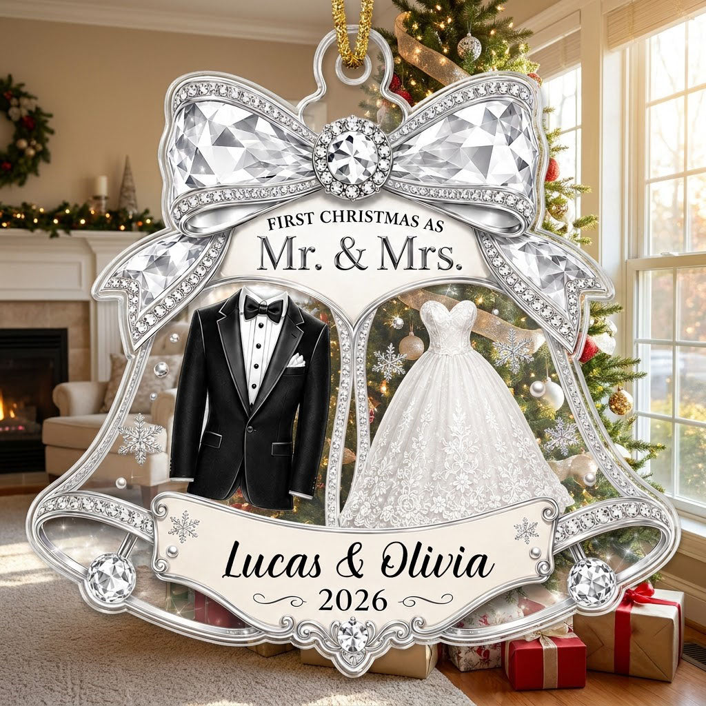 Double bell acrylic ornament with tuxedo, wedding gown, silver bow, and FIRST CHRISTMAS AS Mr. & Mrs. text.