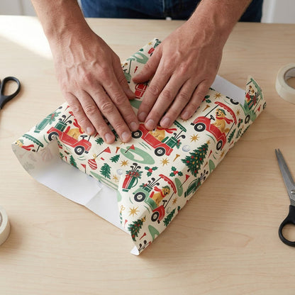 Cream wrapping paper with golden retrievers driving red and green golf carts among Christmas trees and golf icons.