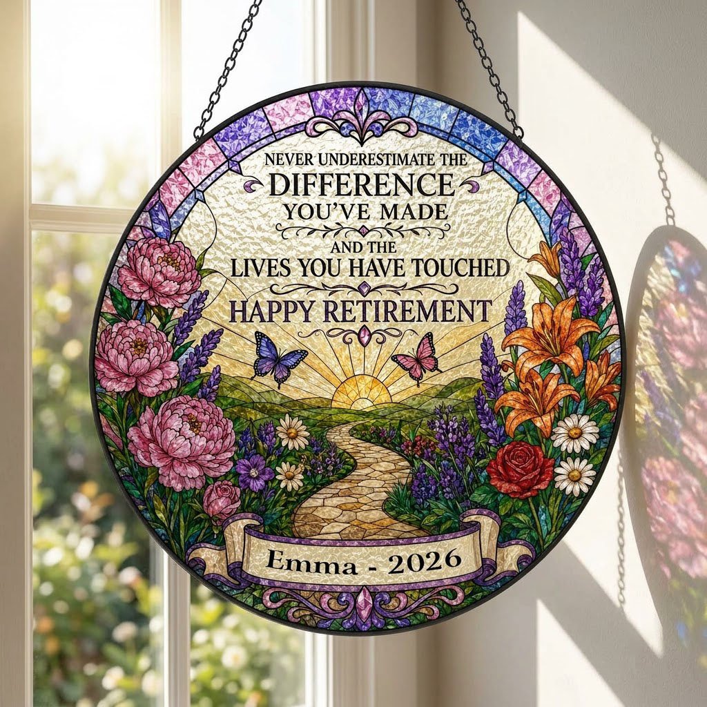 Personalized Retirement Sunrise Pathway Never Underestimate The Difference Stained Glass Round Suncatcher
