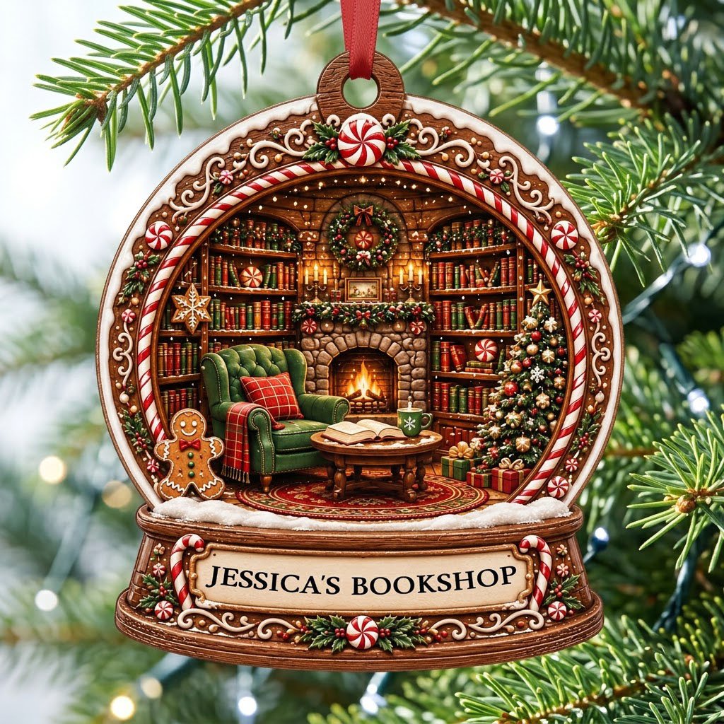 Snow globe ornament with candy-cane frame, cozy book-filled library, fireplace, tree, and 'JESSICA'S BOOKSHOP' nameplate