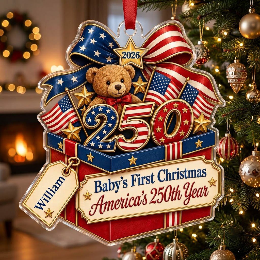 A teddy bear in a red gift box with blue trim, 250 and 2026 with American flags and a patriotic bow on an acrylic orname