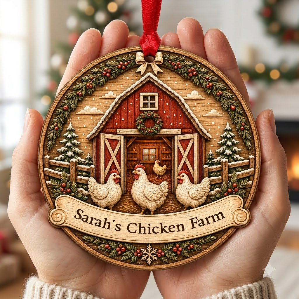 Personalized Round Red Barn Chicken Coop Wood Ornament, Custom Farmhouse Keepsake
