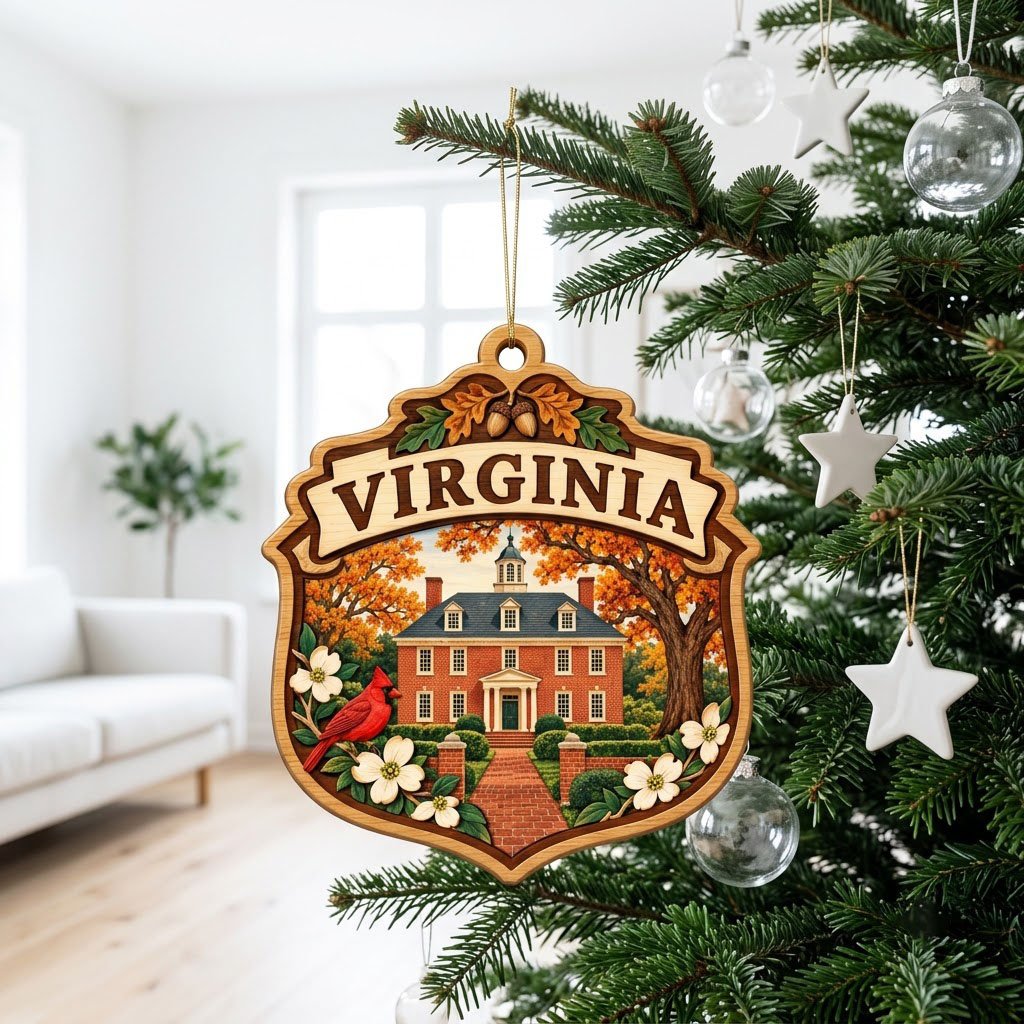 Shield-shaped wood ornament with “VIRGINIA,” colonial brick building, cardinal, acorns and white dogwood flowers.