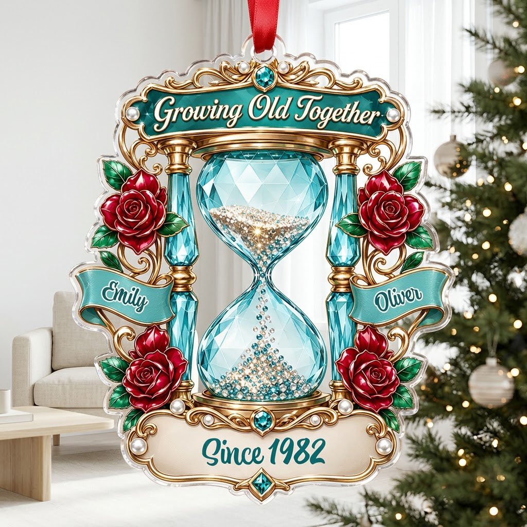 Custom-cut acrylic ornament with jeweled hourglass, red roses, and the words 'Growing Old Together'.