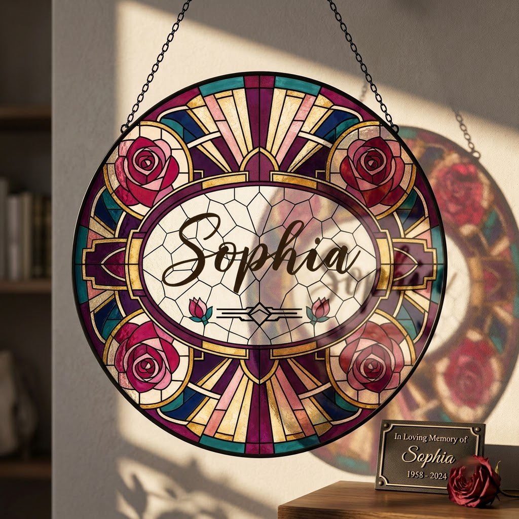 Round stained glass-style suncatcher with red and pink roses, a cream oval name panel, and black leaded lines.
