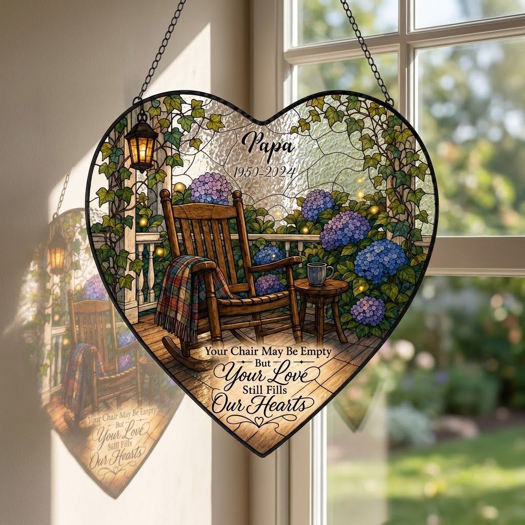 Heart stained glass suncatcher with empty porch rocking chair, lantern, ivy, and purple and blue hydrangea bushes.
