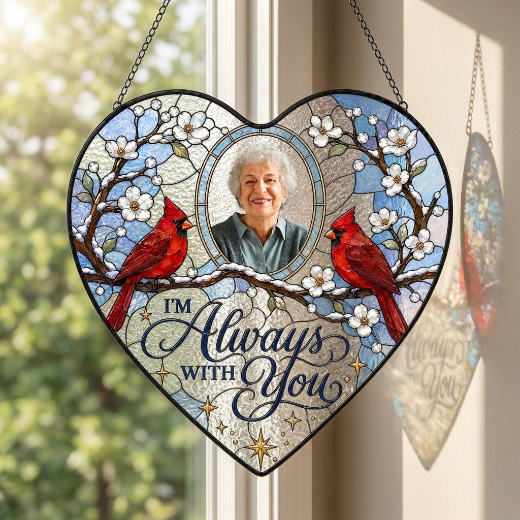 Heart suncatcher with two red cardinals on snowy branches, round photo window, and the words I'M Always WITH You.