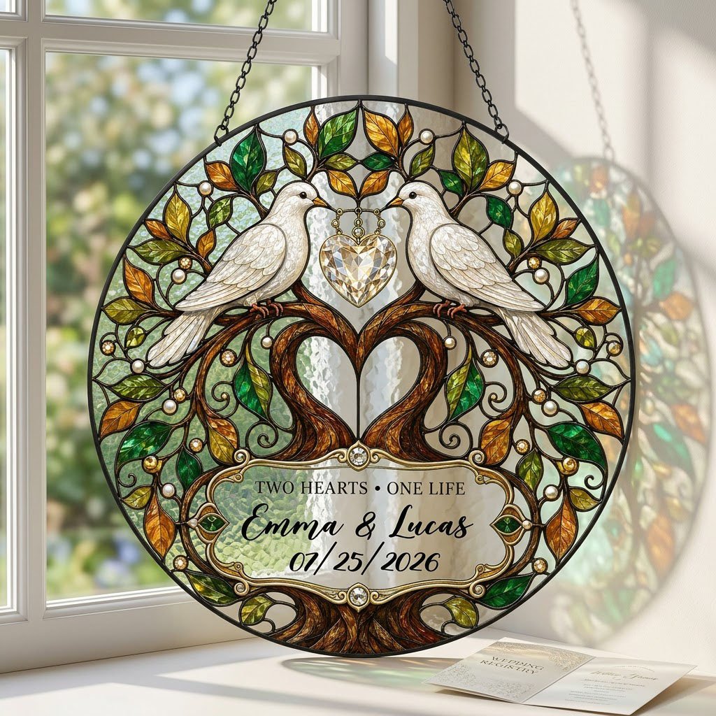 Personalized Wedding Doves & Tree of Life Two Hearts One Life Stained Glass Round Suncatcher