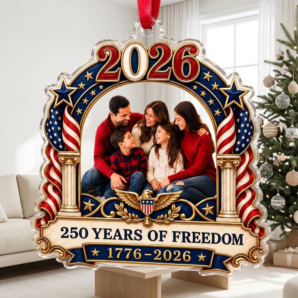 Ornate arched acrylic ornament with 2026, flag-draped columns, eagle emblem, and a central family photo frame