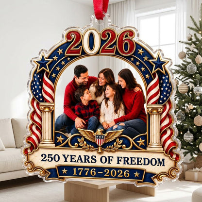 Ornate arched acrylic ornament with 2026, flag-draped columns, eagle emblem, and a central family photo frame