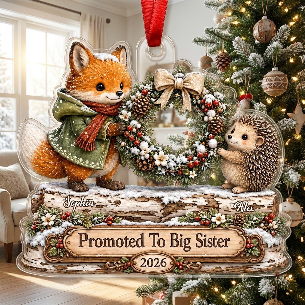 Acrylic ornament with a fox and hedgehog holding a wreath above a wood-style name banner with snowy accents.