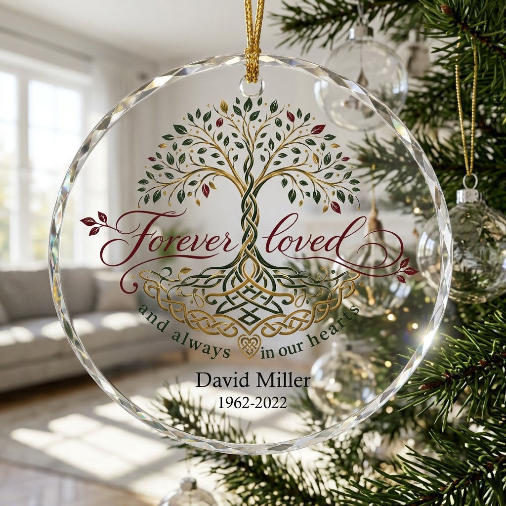 Round glass ornament with Celtic Tree of Life in green, gold and red, reading Forever loved and always in our hearts.