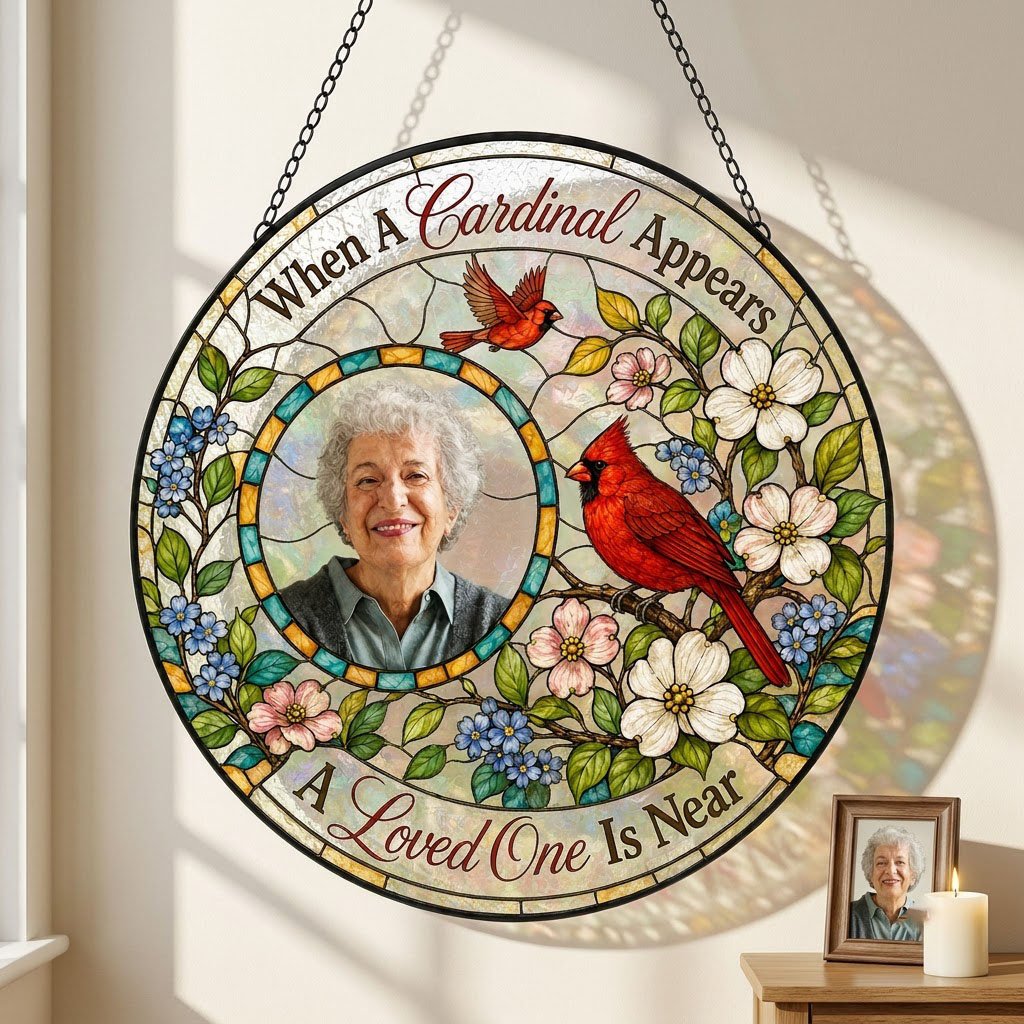 Round faux stained-glass suncatcher with two red cardinals, dogwood flowers, and a left-side circular photo frame.