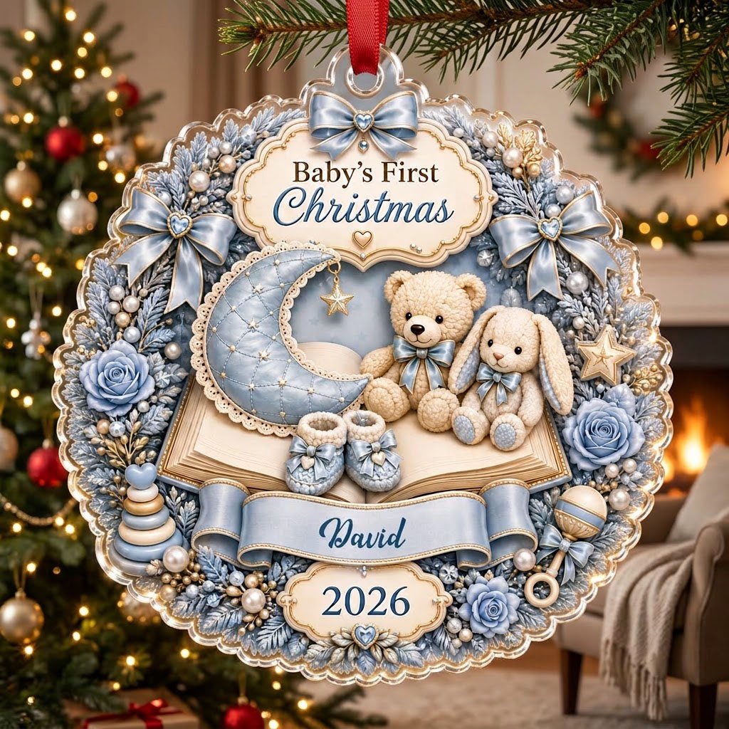 Blue floral wreath acrylic ornament with moon, teddy and bunny, plus Baby's First Christmas with name and year.