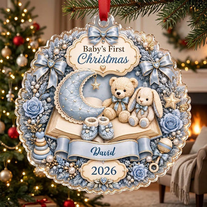 Blue floral wreath acrylic ornament with moon, teddy and bunny, plus Baby's First Christmas with name and year.