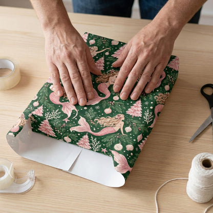 Dark green wrapping paper with pink-tailed mermaids, pink Christmas trees, starfish and snowflakes in a seamless pattern