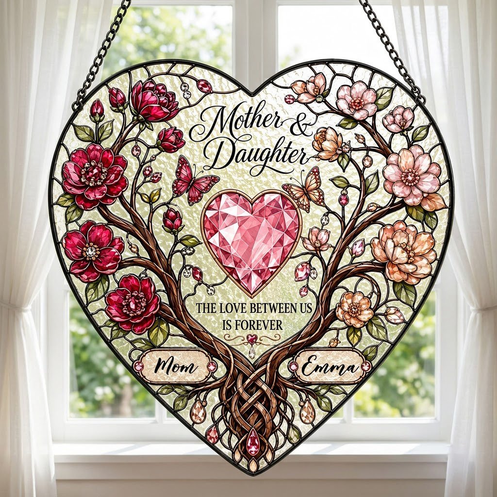 Heart-shaped stained-glass style suncatcher with intertwined trees, red and pink flowers, butterflies, and a pink gem he