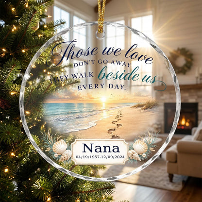 Personalized Beach Footprints Memorial Those We Love Beside Us Round Glass Ornament