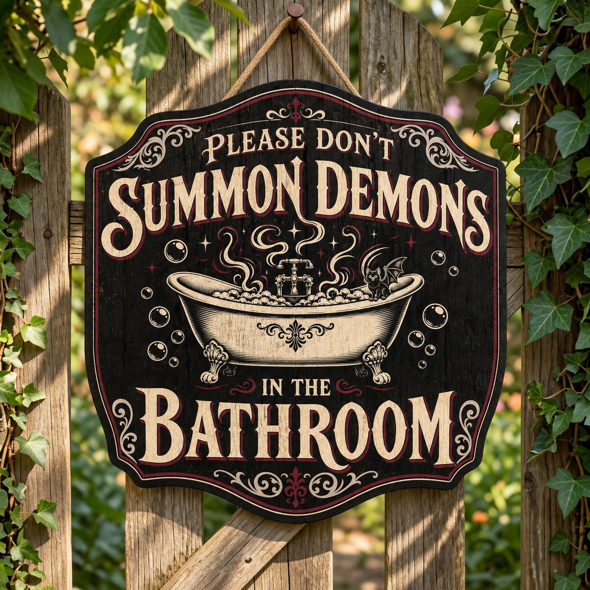 Ornate plaque with tub, bat-winged black cat, bubbles, stars, and 'Please Don't Summon Demons in the Bathroom'.