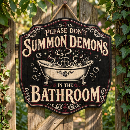 Ornate plaque with tub, bat-winged black cat, bubbles, stars, and 'Please Don't Summon Demons in the Bathroom'.