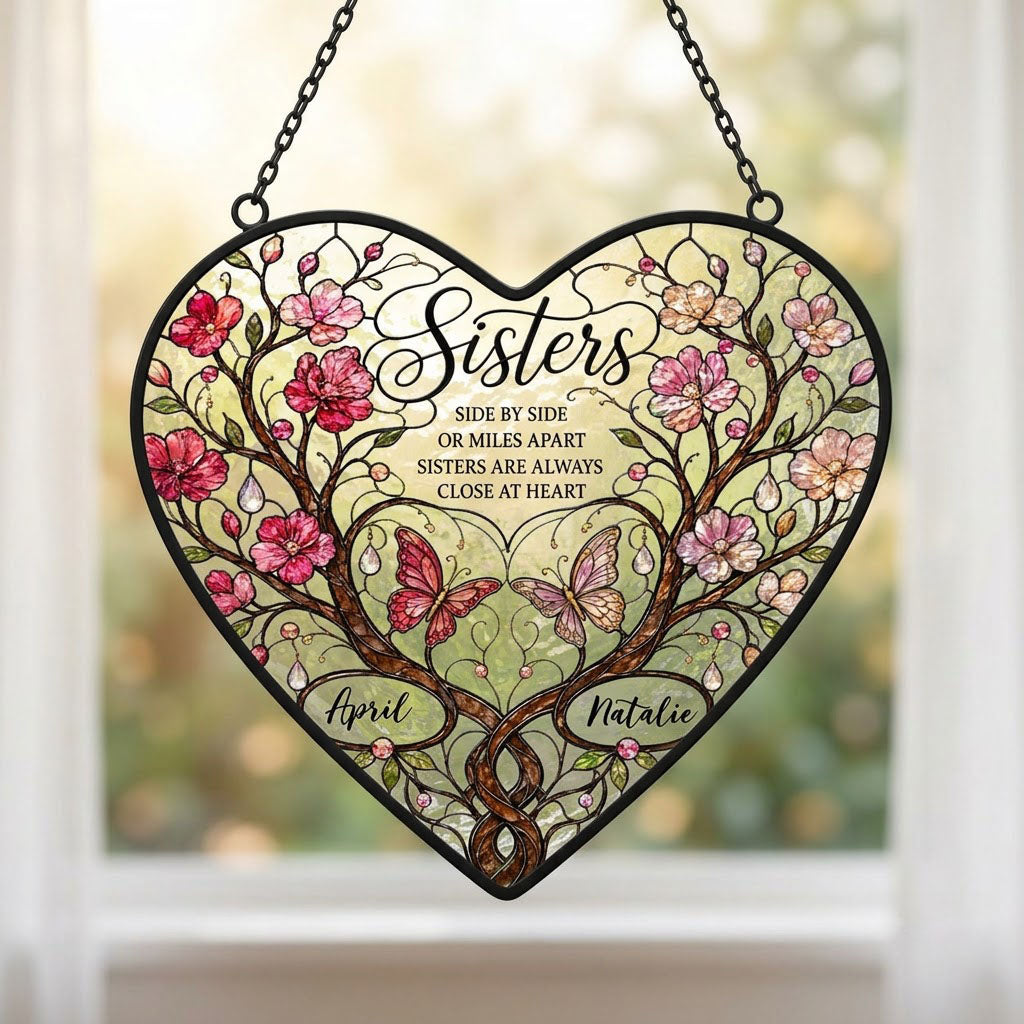 Personalized Sisters Side by Side Heart Stained Glass Suncatcher with Blossoms & Butterflies