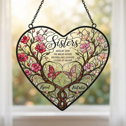 Personalized Sisters Side by Side Heart Stained Glass Suncatcher with Blossoms & Butterflies