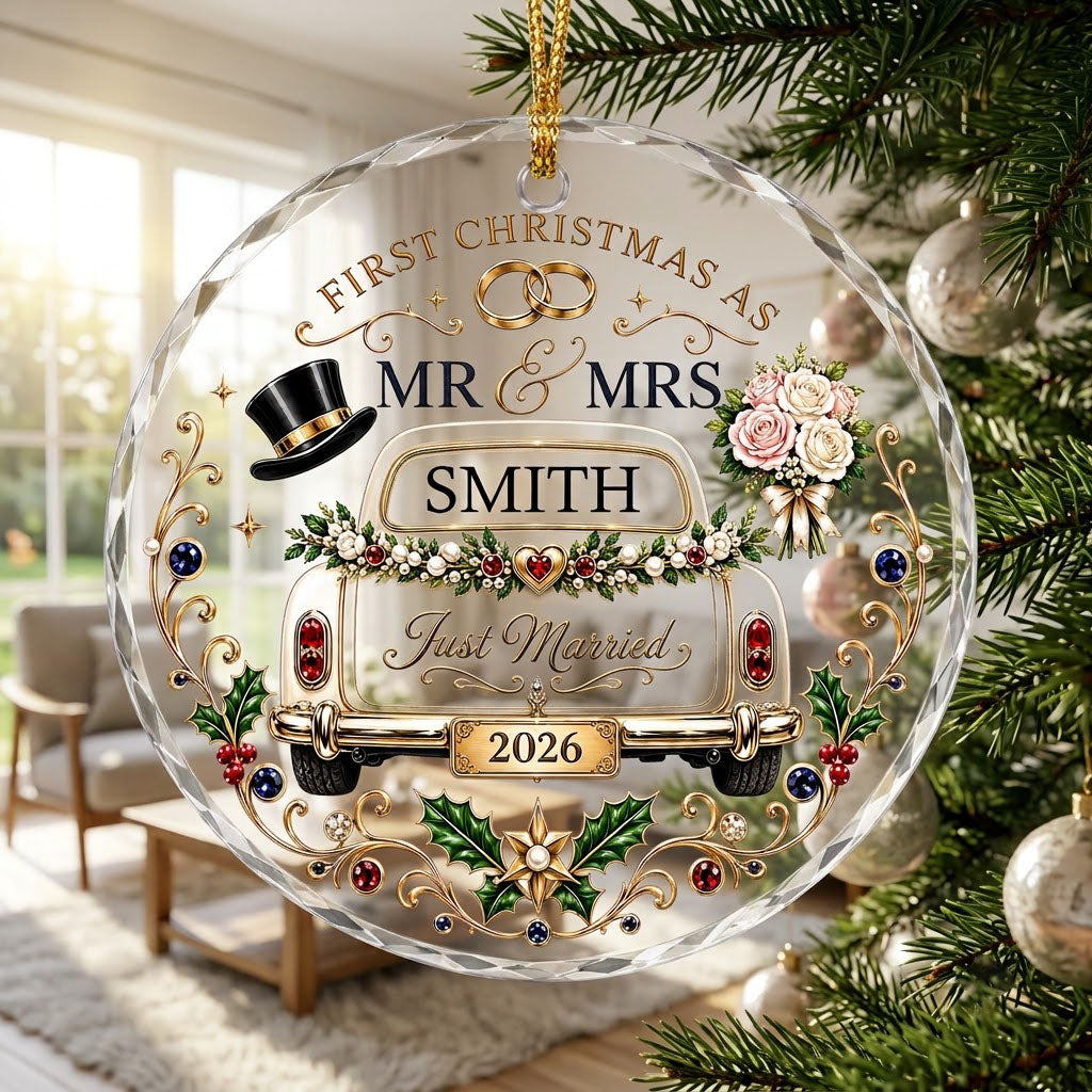 Personalized First Christmas as Mr & Mrs Vintage Getaway Car Round Glass Ornament