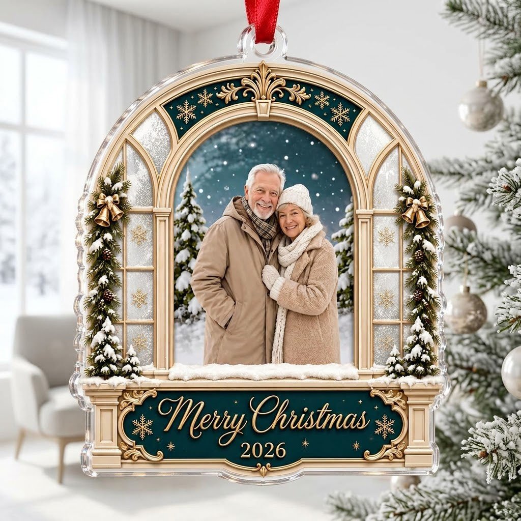 Arched window acrylic ornament with green header, pine garlands, Merry Christmas text, and a center photo window.