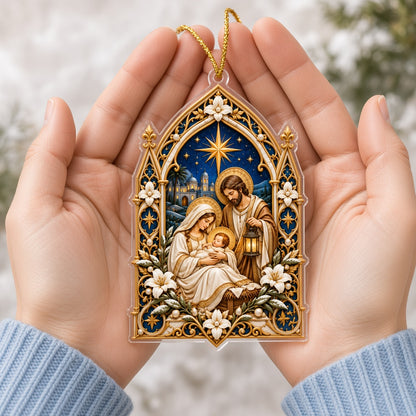 Cathedral-arch acrylic ornament with Nativity scene of Mary, Joseph with lantern, and the Star of Bethlehem.