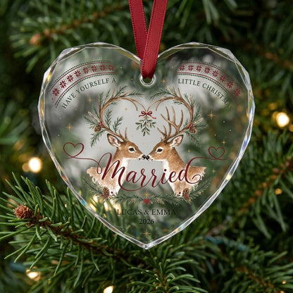 Personalized Married Deer Mistletoe Heart Glass Ornament