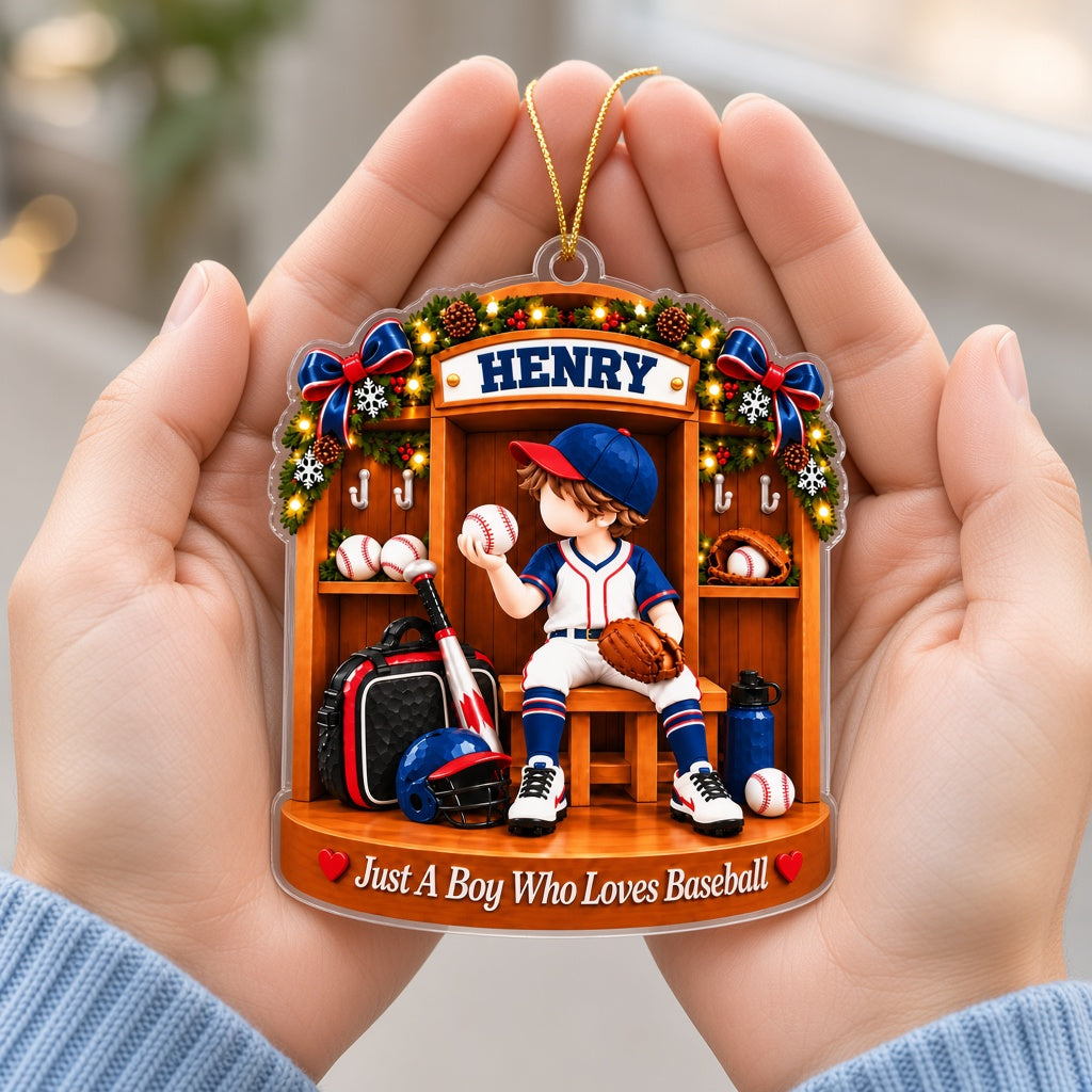 Acrylic ornament of a Christmas baseball locker room with a boy in uniform and the text Just A Boy Who Loves Baseball.